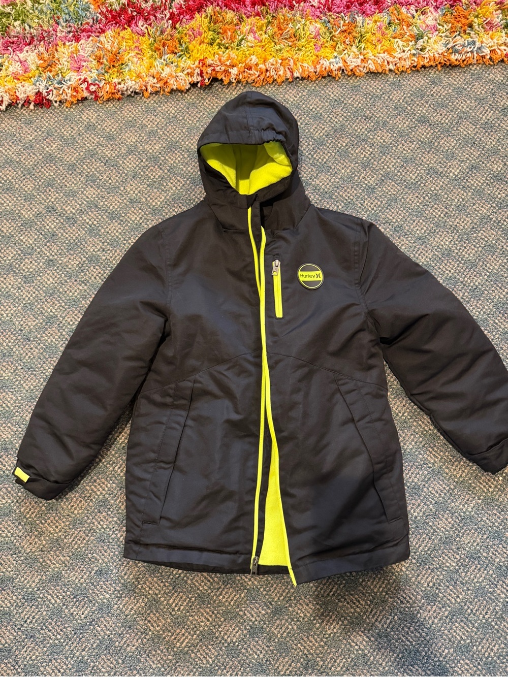 Hurley Black Hooded Puffer Jacket with Neon Yellow Trim size M 10/12